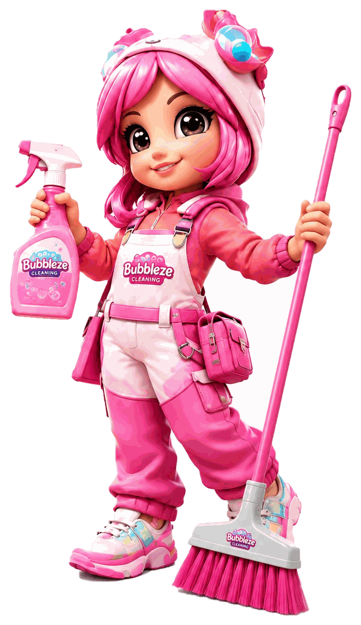 Bubbleze Cleaning mascot holding a spray bottle